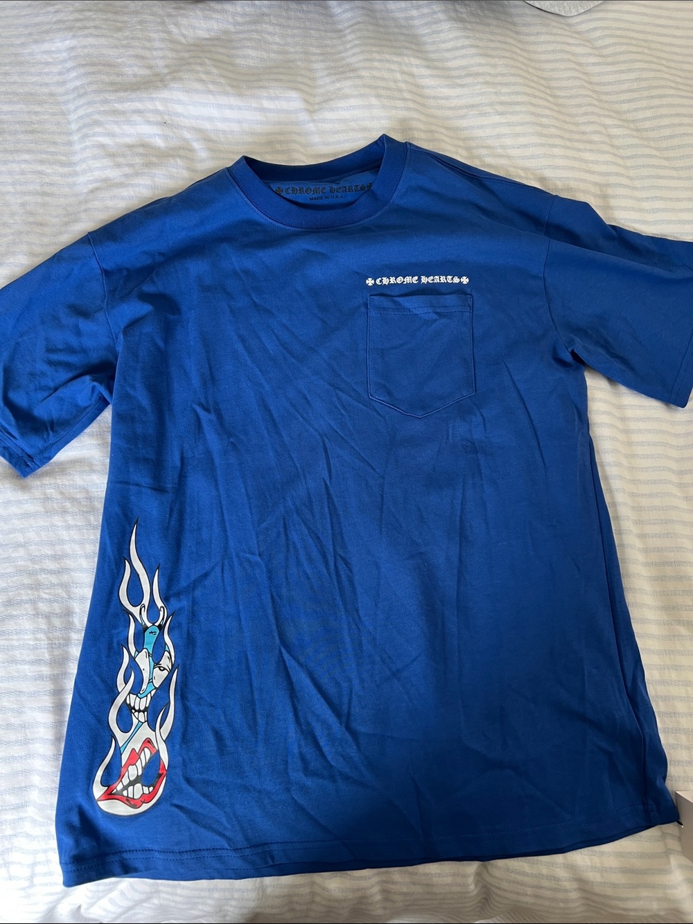Designer Inspired Royal Blue Short Sleeve Tee with Flame Pocket Graphic